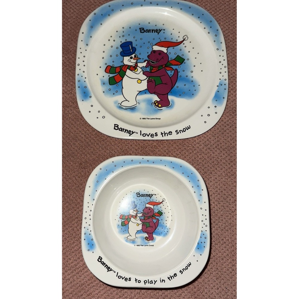Barney Dinosaur Plate and Bowl 1993 Snowman‎ Snow Winter Loves to Play Vintage